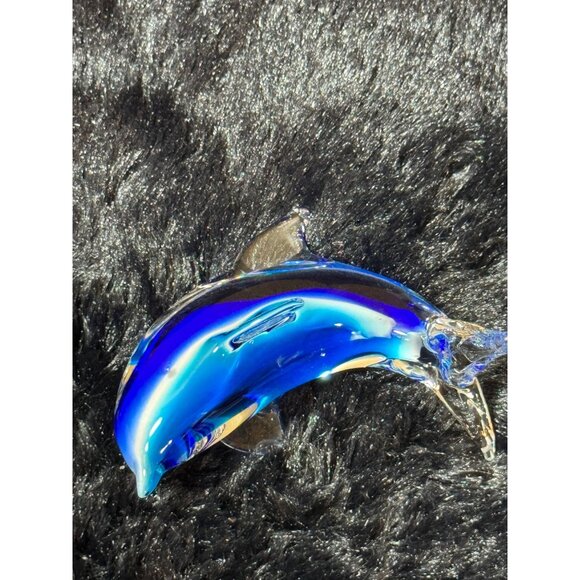 Handcrafted Glass Dolphin Figurine In Vibrant Blue & Clear Design 4' Long - Picture 4 of 8